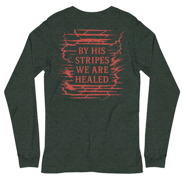 Heather forest green long sleeve Christian tee – bold red scripture back graphic